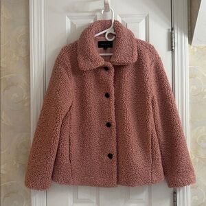 Ann Taylor Blush Faux Lamb Fleece Jacket with Contrasting Tortoise Buttons. EUC